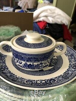 50Pcs Vintage Blue Willow Set, USA, Churchill England, Blue, White Dinner Ware