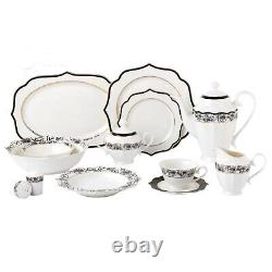57 Pcs Bone China Dinnerware Set Used for 8, Wavy Black-Gold Mix and Match-Fiona
