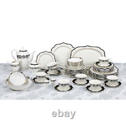 57 Pcs Bone China Dinnerware Set Used for 8, Wavy Black-Gold Mix and Match-Fiona