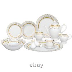 57 Pcs Porcelain Dinnerware Set Service for 8 Cris Cross Gold Design Border