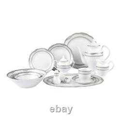57 Pcs Porcelain Dinnerware Set Service for 8 People Wavy Edge, Silver Border