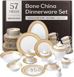 57-Piece Bone China Dinnerware Set, Service for 8, White and Golden Greek Key
