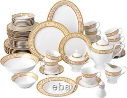 57-Piece Bone China Dinnerware Set, Service for 8, White and Golden Greek Key
