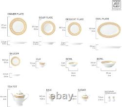 57-Piece Bone China Dinnerware Set, Service for 8, White and Golden Greek Key