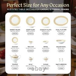 57-Piece Bone China Dinnerware Set, Service for 8, White and Golden Greek Key