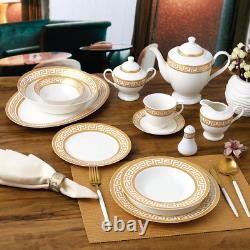 57-Piece Bone China Dinnerware Set, Service for 8, White and Golden Greek Key