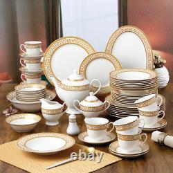 57-Piece Bone China Dinnerware Set, Service for 8, White and Golden Greek Key