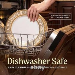 57-Piece Bone China Dinnerware Set, Service for 8, White and Golden Greek Key