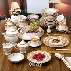57-Piece Bone China Dinnerware Set, Service for 8, White and Golden Greek Key