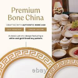 57-Piece Bone China Dinnerware Set, Service for 8, White and Golden Greek Key