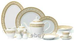 57 Piece Euro Porcelain Gold Greek Key Fine China Dinner Dish Set for 8 White