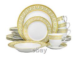 57 Piece Euro Porcelain Gold Greek Key Fine China Dinner Dish Set for 8 White