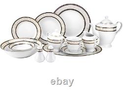 57 Piece Euro Porcelain Greek Key Fine Bone China Dinner Dish Set for 8 White
