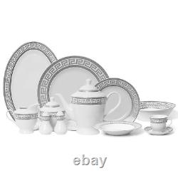 57 Piece Euro Porcelain Silver Greek Key Fine China Dinner Set for 8 Peron Wht