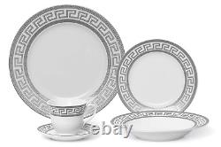 57 Piece Euro Porcelain Silver Greek Key Fine China Dinner Set for 8 Peron Wht