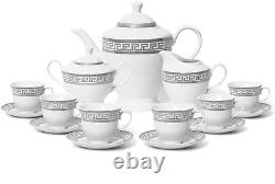 57 Piece Euro Porcelain Silver Greek Key Fine China Dinner Set for 8 Peron Wht