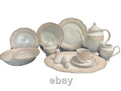 57 Piece Porcelain Dinner Set Sandra Pink Gold Wavy Edge Serving For 8