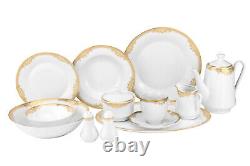57 pc Dinnerware Set for 8 White with Gold Floral Ornament Fine Porcelain