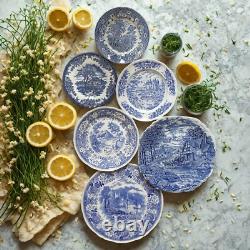 6 Mismatched Blue & White Plates Vintage Transferware Dinnerware Set