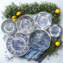 6 Mismatched Blue & White Plates Vintage Transferware Dinnerware Set