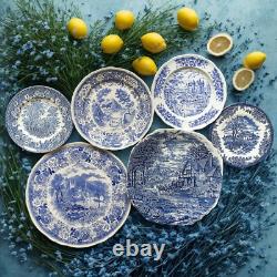 6 Mismatched Blue & White Plates Vintage Transferware Dinnerware Set