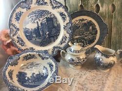 6 place sets Mismatched Vintage China Transferware Dinnerware Set Blue White #28