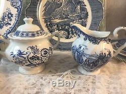 6 place sets Mismatched Vintage China Transferware Dinnerware Set Blue White #28