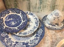 6 place sets Mismatched Vintage China Transferware Dinnerware Set Blue White #28