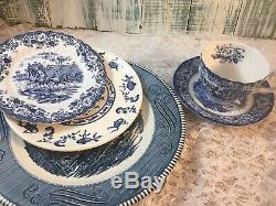 6 place sets Mismatched Vintage China Transferware Dinnerware Set Blue White #28