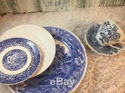 6 place sets Mismatched Vintage China Transferware Dinnerware Set Blue White #28