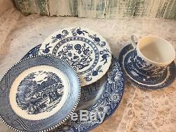 6 place sets Mismatched Vintage China Transferware Dinnerware Set Blue White #28