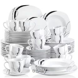 60-Piece Black Gray Lines Ivory White Porcelain Dinnerware (Set Service for 12)