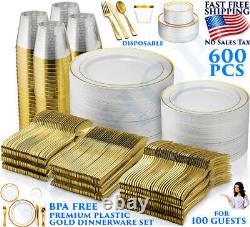 600 Piece Gold Plastic Dinnerware Set 100 Guests Plates Cutlery Cups Bpa Free