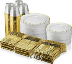 600 Piece Gold Plastic Dinnerware Set 100 Guests Plates Cutlery Cups Bpa Free