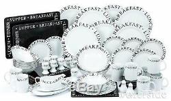 65Pc Porcelain White & Black Dinner Side Plate Bowl Set Dinnerware Crockery Set