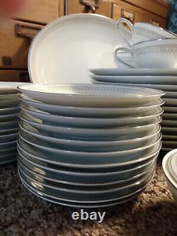 76 pc. Vintage NORITAKE China Dinnerware Leslie 12 settings WHITE with SILVER