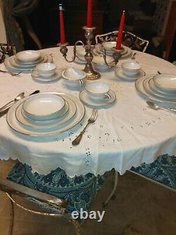 76 pc. Vintage NORITAKE China Dinnerware Leslie 12 settings WHITE with SILVER