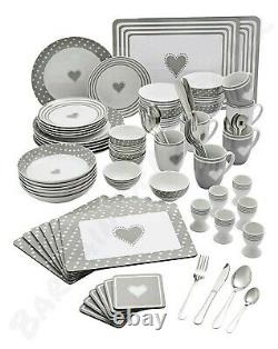 80 Piece White Grey Dinner Set Plates Bowls and Cups Porcelain Dinnerware Set