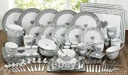 80 Piece White Grey Dinner Set Plates Bowls and Cups Porcelain Dinnerware Set