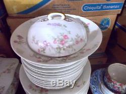 82 Piece Set-Antique Old Abbey Limoges France Dinnerware White withPink Roses