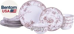 Adelaide Brown on White 12-Piece Dinnerware Set Service for 4, Plate & Bowl Se