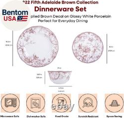 Adelaide Brown on White 12-Piece Dinnerware Set Service for 4, Plate & Bowl Se