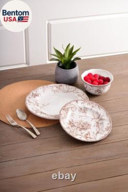 Adelaide Brown on White 12-Piece Dinnerware Set Service for 4, Plate & Bowl Se