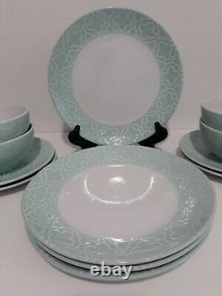 American Atelier Stoneware Quatre Teal Dinnerware Set 12 Piece New