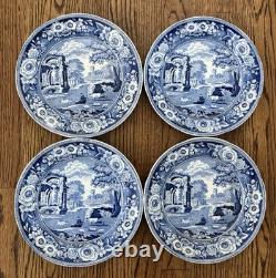 Antique Set Of 4 Blue & White Pastoral Pearl Ware Dinner Plates 9.75 Wild Rose