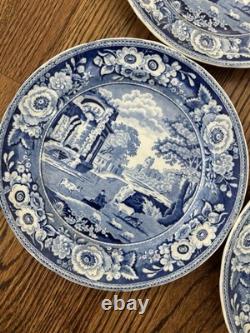 Antique Set Of 4 Blue & White Pastoral Pearl Ware Dinner Plates 9.75 Wild Rose