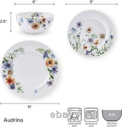 Audrina Water Color Flowers Bone China Lightweight Chip Resistant 12 Piece Di