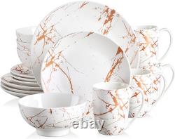 Black Plates and Bowls Sets for 4, Porcelain Dinnerware Sets 16 Piece Gold Splas