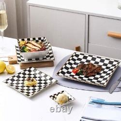 Black & White Checks Pattern 24-piece Square Dinnerware Set Service for 6 NEW