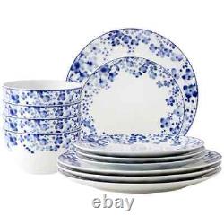 Bloomington Road White/Blue Porcelain 12-Piece Dinnerware Set (Service for 4)
